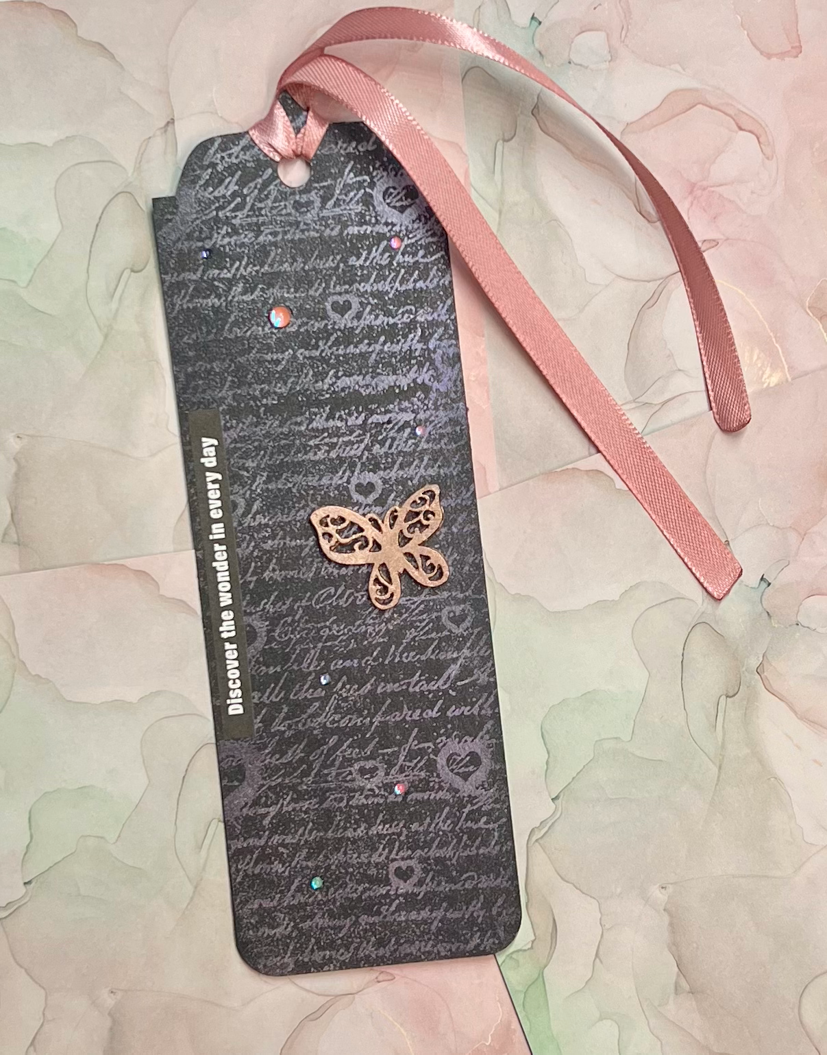 Vintage Script Butterfly Bookmark with Satin Ribbon