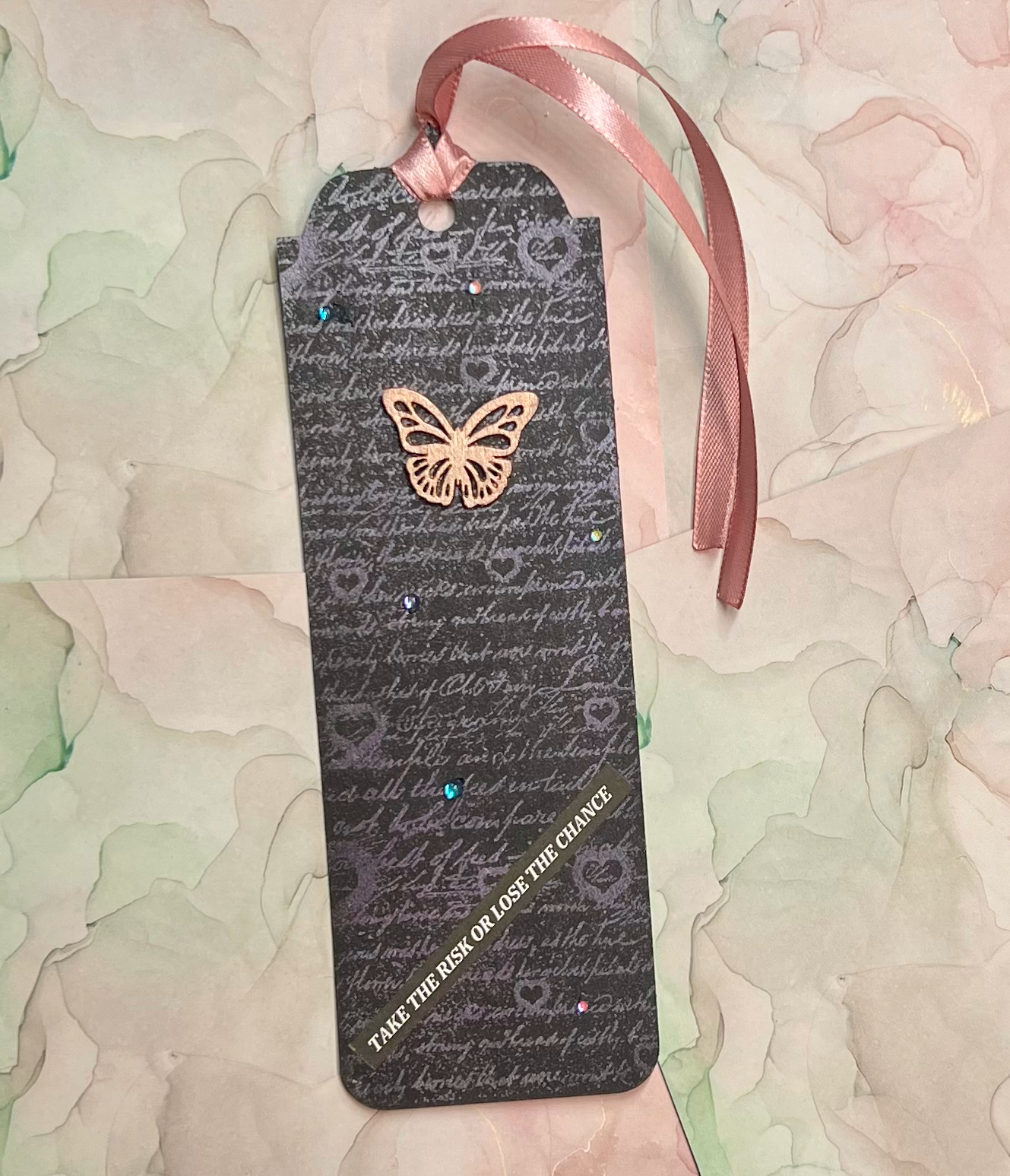 Vintage Script Butterfly Bookmark with Satin Ribbon