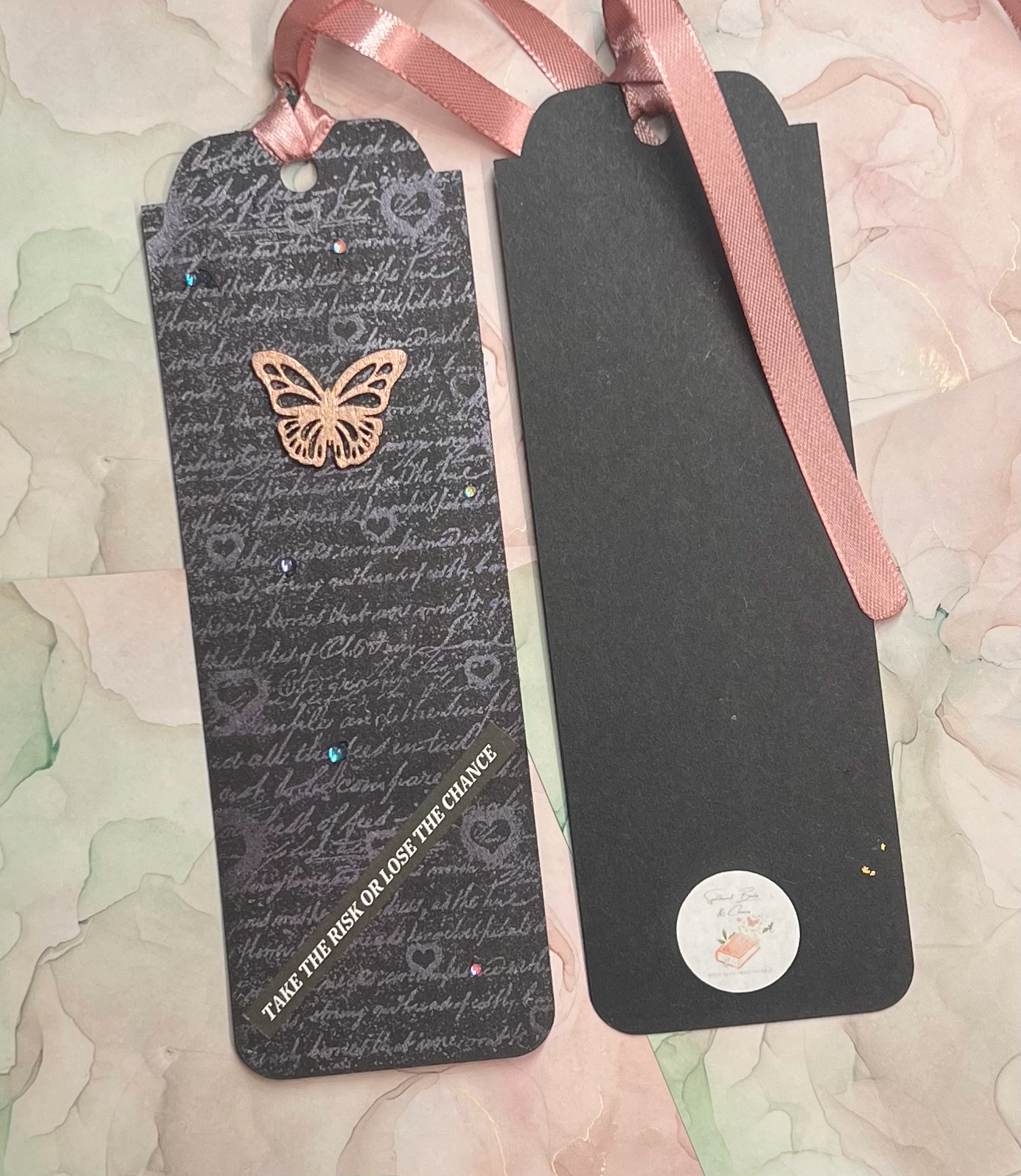 Vintage Script Butterfly Bookmark with Satin Ribbon